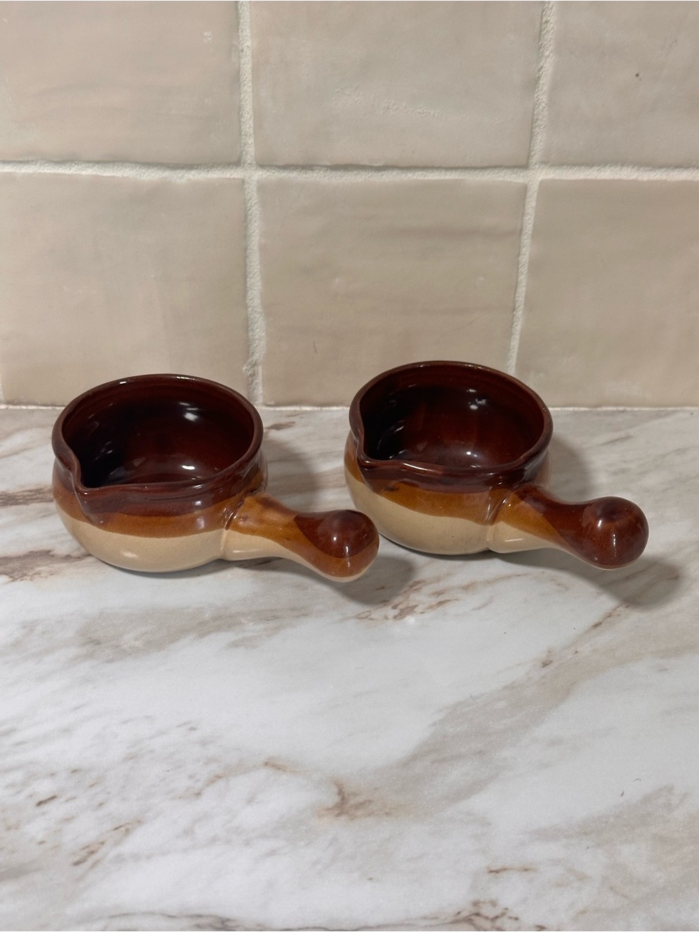 Set of 2 Brown / Tanned Glazed Stoneware “MINI” Crock Butter Sauce Warmers.